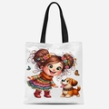 Sac fourre-tout en toile blanche avec imprimé fille et chien et anses noires - Fille au Chignon avec Chiot (FBDT30-3)