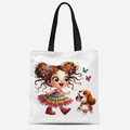 Sac fourre-tout en toile blanche avec illustration de fille mignonne et de chien - Fille en Jupe à Volants avec Chien Brun (FBDT30-4)