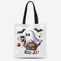 Sac fourre-tout Halloween en toile blanche avec motif fantôme mignon et texte BOO-JEE - Motif Fantôme Slogan BOO-JEE (FBDT03-8)