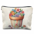 Canvas storage pouch with colorful button flower pot print and zipper closure - 21.5*15cm / Rainbow Button Pot (TSND50-19)