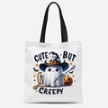 Sac fourre-tout Halloween blanc en toile avec fantôme Cute But Creepy et anses - Motif Fantôme CUTE BUT CREEPY (FBDT03-10)