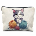 Linen pouch with cute cat and yarn ball print, featuring a black zipper on white background - 21.5*15cm / Grey and White Cat (TSND50-16)