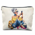 Detail of linen makeup bag with stylish silver-haired woman illustration and top zipper closure - Fashion Grandma With Cats Selfie B (TSND47-13) / 21.5*15cm High Density Linen