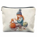 Close-up of fabric sewing kit bag featuring girl knitting with cat and yarn ball print - 21.5*15cm / Knitting Girl (TSND50-12)