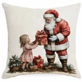 Makroaufnahme der Vintage-Leinen-Weihnachtskissenhülle mit Weihnachtsmann-Aquarell - 45x45cm Leinen Einseitig Ohne Kern / Weihnachtsmann und Mädchen Illustration (DYM387-1)