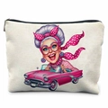 Detailed close-up showing canvas texture and zipper of the chic old lady printed pouch - Fashionable Lady Driving Pink Car B (TSND47-7) / 21.5*15cm High Density Linen