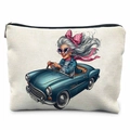 Trousse à maquillage en toile avec imprimé grand-mère stylée en cabriolet bleu - Style Dame En Cabriolet Bleu (TSND47-3) / 21.5*15cm Lin Haute Densité