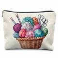 Close-up of off-white linen sewing kit bag with hand-painted yarn basket print - 21.5*15cm / Knitting Needle Basket (TSND50-14)