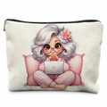 Trousse à cosmétiques créative avec imprimé grand-mère et fermeture éclair pour rangement - Style Fille Avec Ordinateur Sur Oreiller (TSND47-1) / 21.5*15cm Lin Haute Densité