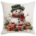 Vintage Weihnachts Kissenbezug mit Schneemann und Geschenken auf Leinen Struktur Stoff - 45x45cm Leinen Einseitig Ohne Kern / Schneemann mit grünem Hut und Geschenken (DYM387-3)