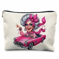 Trousse à maquillage en toile avec imprimé de grand-mère stylée en voiture rose - Style Dame En Voiture De Sport Rose (TSND47-2) / 21.5*15cm Lin Haute Densité