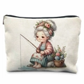Trousse à maquillage en toile avec illustration de grand-mère pêchant et fermeture - Style Vieille Dame À La Pêche (TSND47-4) / 21.5*15cm Lin Haute Densité