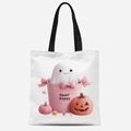 Sac fourre-tout en toile blanche avec motif fantôme mignon et texte Haunt Happy - Motif Fantôme Haunt Happy (FBDT03-28)