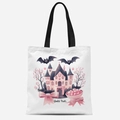 Sac fourre-tout d'Halloween blanc avec imprimé fantôme mignon et texte Ghoulish - Motif Fantôme Château et Bonbons (FBDT03-31)