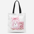 Sac fourre-tout en toile blanche avec fantôme d'Halloween aquarelle rose et bonbons - Motif Fantôme en Dentelle et Potion (FBDT03-32)