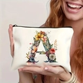 White canvas makeup bag with floral letter A print and a secure black zipper - Letter A (TSND27-1) / 21.5x15cm