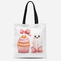 Sac fourre-tout en toile blanche avec fantôme mignon et cupcake rose pour Halloween - Motif Cupcake et Fantôme (FBDT03-33)