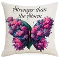 Detail van linnen kussensloop met vlinderbloemen en de tekst Stronger than the Storm - Stronger Than The Storm Vlinder Stijl (DYM389-1)