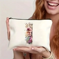 White canvas makeup bag featuring a colorful floral letter I print and a black zipper - Letter I (TSND27-9) / 21.5x15cm