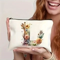 Canvas makeup bag featuring floral letter L design with a secure black zipper closure - Letter L (TSND27-12) / 21.5x15cm