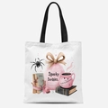 Sac fourre-tout en toile crème avec motifs Halloween et anses noires contrastées - Motif Fantôme Spooky Scribbles (FBDT03-35)