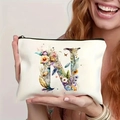 Canvas makeup bag featuring floral letter N design with top zipper closure - Letter N (TSND27-14) / 21.5x15cm
