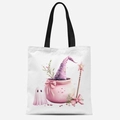 Sac cabas en toile blanche avec imprimé fantôme rose d'Halloween et anses noires - Motif Chaudron Magique et Fantôme (FBDT03-38)