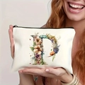 White canvas makeup bag featuring a floral letter P design and black zipper closure - Letter P (TSND27-16) / 21.5x15cm