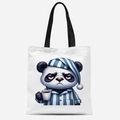 White canvas tote bag featuring a sleepy panda in pajamas drinking coffee print - Cartoon Panda Pattern (FBDT31-1)