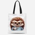 White canvas tote bag with cartoon hedgehog drinking coffee in striped pajamas - Cartoon Hedgehog Pattern (FBDT31-2)