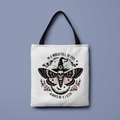 White canvas tote bag with black handles featuring gothic skull and moth prints - Lilith Skeleton Style (FBDT01-2)