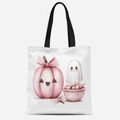 Sac fourre-tout en toile blanche avec imprimés aquarelle fantômes d'Halloween roses - Motif Fantôme Citrouille Nœud Rose (FBDT03-41)