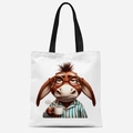Off-white canvas tote bag featuring a funny cartoon donkey drinking coffee - Donkey with Glasses Pattern (FBDT31-4)