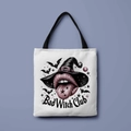 White canvas tote bag featuring Bad Witch Club Halloween graphic and black straps - Bad Witch Club (FBDT01-3)
