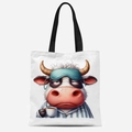 Sac fourre-tout en toile blanc cassé avec motif vache endormie en pyjama et café - Motif Vache Somnolente (FBDT31-5)
