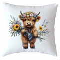 Highland cow pillow case with floral crown and sunflower print on white linen fabric - Highland Cow Pattern 22 (CDR380-22) / Square