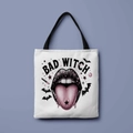 White canvas tote bag with Bad Witch print and black straps for Halloween fashion - Bad Witch Lips Style (FBDT01-4)
