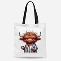 Sac fourre-tout en toile blanche avec vache des Highlands en pyjama buvant du café - Motif Vache des Highlands Paresseuse (FBDT31-7)