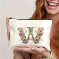 Floral letter W cream canvas makeup bag with watercolor flowers and zipper closure - Letter W (TSND27-23) / 21.5x15cm