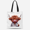 Sac cabas en toile blanche avec motif vache d'Écosse fatiguée en pyjama et tasse de café - Motif Vache des Highlands Café (FBDT31-8)
