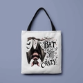 Halloween canvas tote bag featuring a goth bat print and BAT SHIT CRAZY lettering - Bat Shit Crazy Illustration (FBDT01-6)