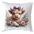 Detail of floral Highland cow cushion cover featuring pink peonies and lavender on white - Highland Cow Pattern 5 (CDR380-5) / Square