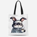 Sac fourre-tout en toile blanc avec motif de lapin fatigué et anses noires - Motif Lapin Rigolo (FBDT31-9)