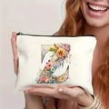 White canvas makeup bag with a floral letter Z print and black zipper closure - Letter Z (TSND27-26) / 21.5x15cm
