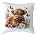 Macro shot of Highland Cow pillowcase with detailed floral print and colorful butterflies - Square