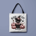 Canvas tote bag with Halloween black cat and witch hat print on white background - Black Cat Social Club (FBDT01-8)