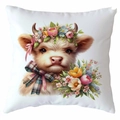 Close-up of highland cow calf print with floral crown and plaid bow on white pillow - Highland Cow Pattern 9 (CDR380-9) / Square