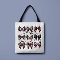 Gothic canvas tote bag with black and pink bow prints featuring bat and star motifs - Nine Bows Grid (FBDT01-9)