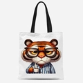 Sac fourre-tout en toile blanche avec bandoulières noires et motif de tigre fatigué - Motif Tigre Anthropomorphe (FBDT31-21)