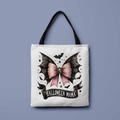 White Halloween Mama canvas tote bag with pink bow and black bat wings print - Halloween Mama Bow (FBDT01-10)
